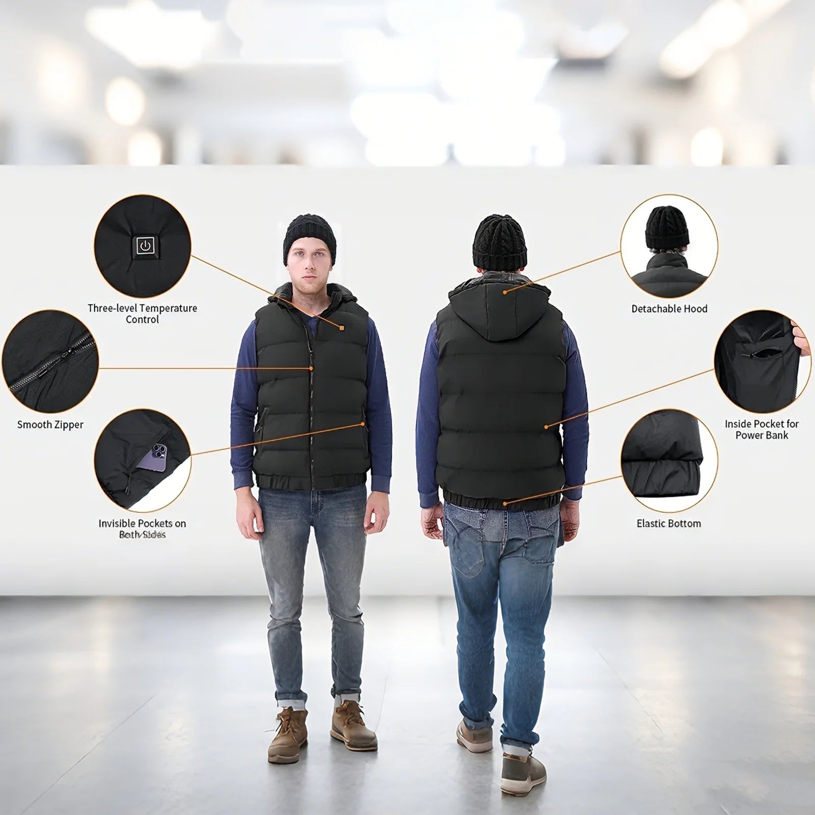 Heated Vest for Mens and Womens with 10000Mah Battery Pack, Detachable Heated Hood Heating Clothing, 3 Temperature Levels Electrically Heated Jacket, Szie XL